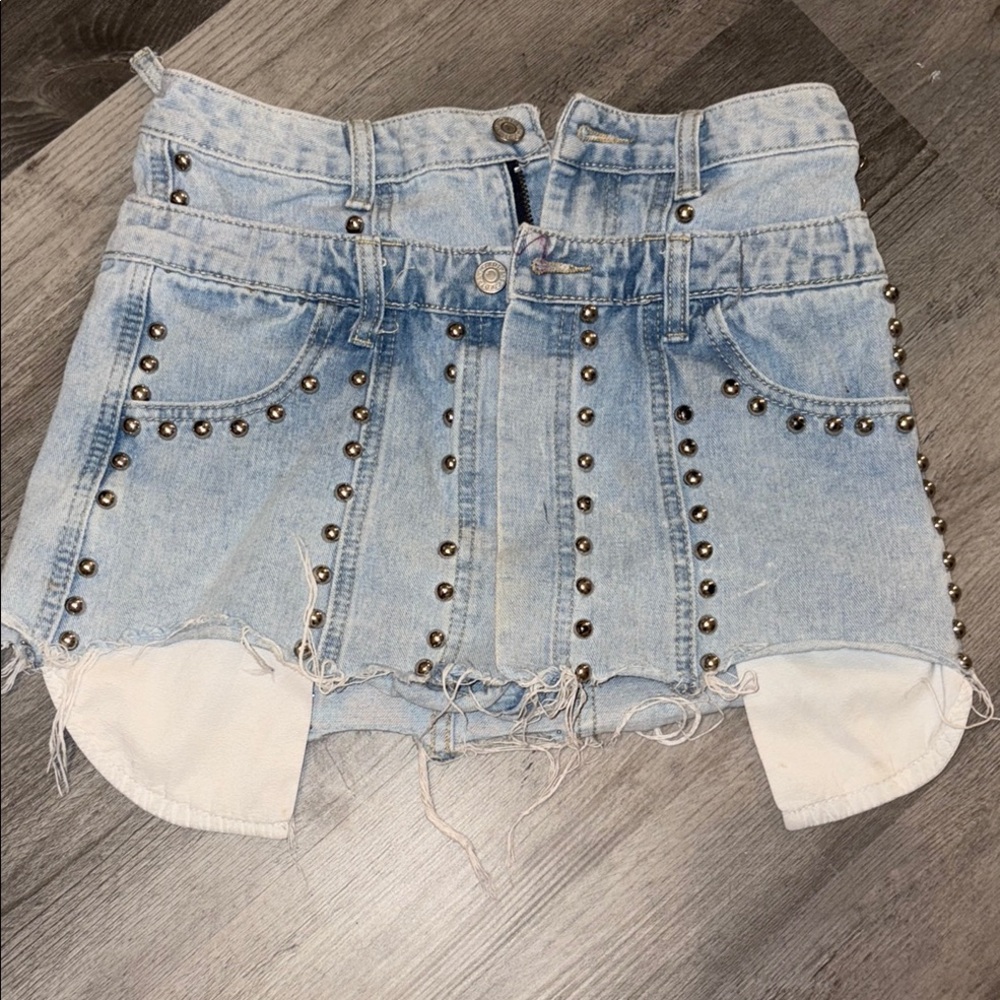 Blue Embellished Cut Out Mini Skirt